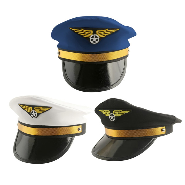 Three pilot-themed caps in blue, white, and black, featuring a gold band and a logo on the front.