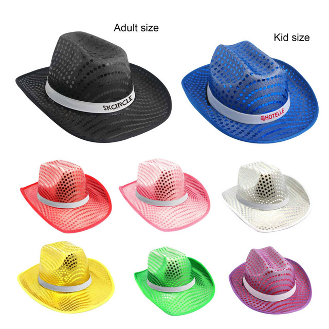 A variety of sequin cowboy hats in black, blue, red, pink, white, and yellow, featuring adult and kid sizes.