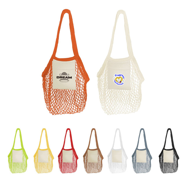 Mesh foldaway cotton tote bags in orange, cream, yellow, green, brown, black, and blue, featuring logos on the front.