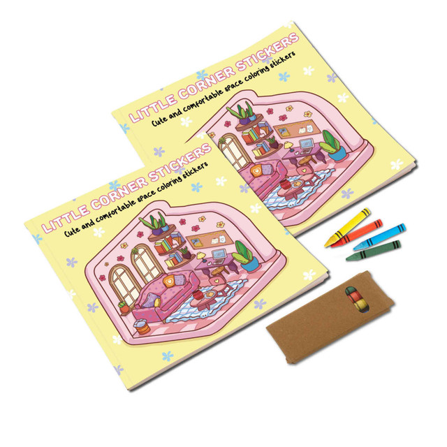 Two custom colouring books featuring a whimsical, illustrated scene with pastel colours, accompanied by crayons and a small storage pouch.