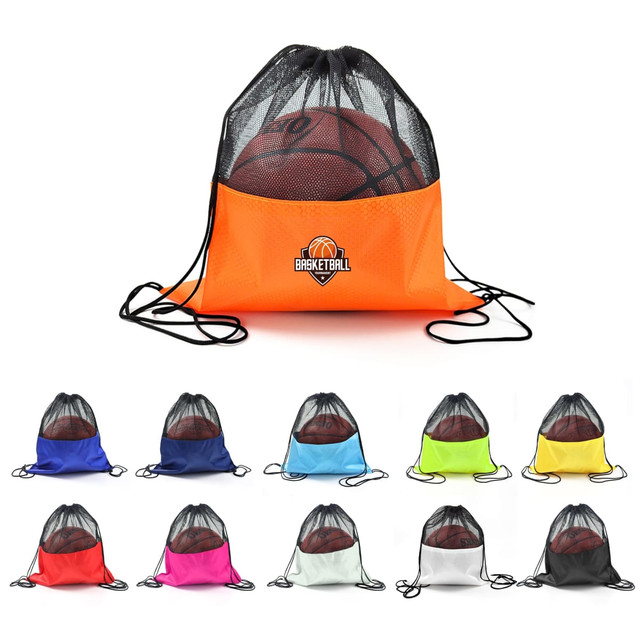 A bright orange drawstring mesh backpack with a basketball inside, featuring a logo and available in multiple colours.