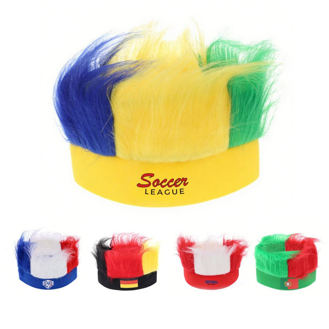 A headband wig with green, yellow, blue, white, and red synthetic hair, featuring a logo on the band.