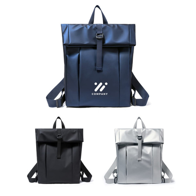 A tarpaulin roll top backpack in navy, black, and silver, featuring adjustable straps and a logo.