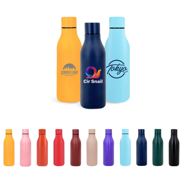 A drink bottle in orange, navy, and light blue, with various coloured options below. Each bottle has a logo.