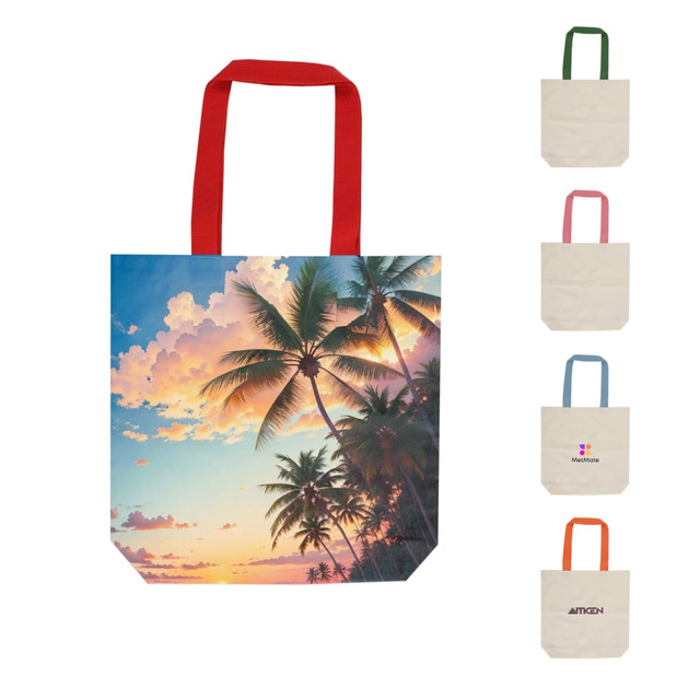 A vibrant canvas tote bag featuring a sunset and palm tree design, with red straps and multiple colour options displayed.