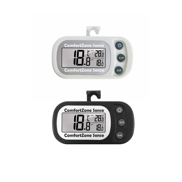 Two ambient thermometers in white and black, featuring digital displays and buttons, each with a hook for hanging.