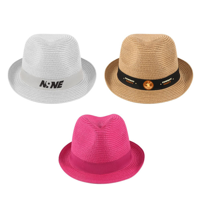A set of three hats: a white straw hat, a tan hat with a band, and a pink straw hat, each with unique designs.