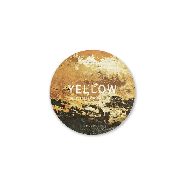 A round frosted metal coaster featuring a yellow and earthy abstract design with a branding logo.