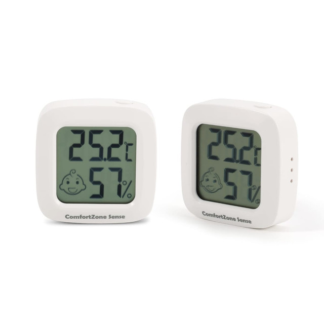 A mini digital thermometer in white, displaying temperature and humidity readings on a large screen.