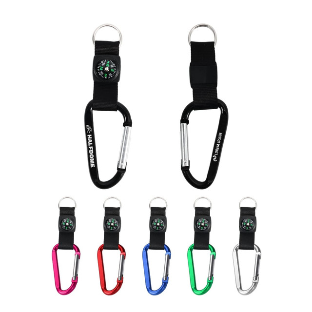 A black carabiner keychain featuring a compass, alongside keychains in red, blue, green, pink, and silver.