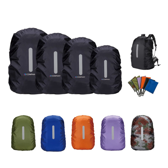 A set of reflective backpack rain covers in various colours, including black, green, orange, purple, and camouflage.