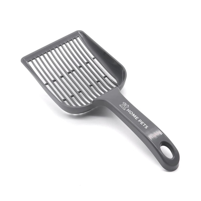 A large grey cat litter scoop with a slotted design and a handle, featuring a logo on the side.