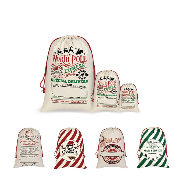 Flax linen drawstring bags in cream with red and green designs, featuring various holiday-themed graphics and logos.