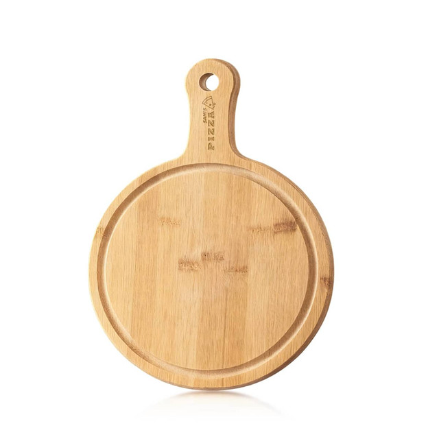 A circular bamboo wood pizza tray featuring a handle and a logo, showcasing its natural wood texture.