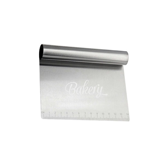 A stainless steel flour cutter with a handle and measurement markings along the edge. It features a brand logo.