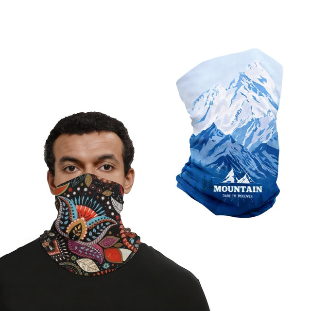 A neck gaiter featuring a vibrant multicoloured pattern alongside a blue and white mountain design, with branding.