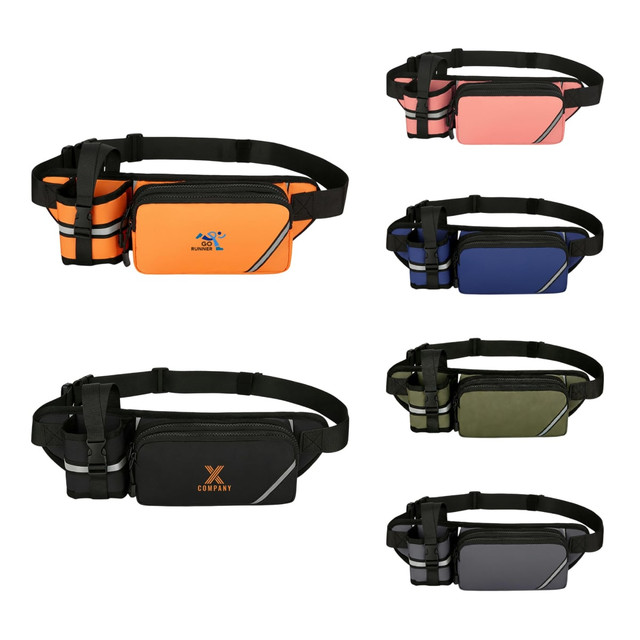 A drink bottle holder fanny pack in orange, pink, navy, black, and olive green with a logo.