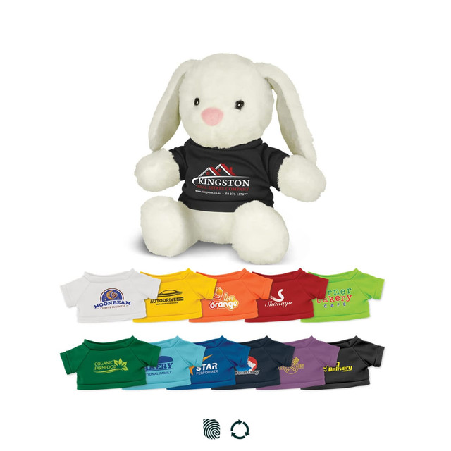 A white rabbit plush toy wearing a black T-shirt. Various colourful T-shirts displayed below the toy.