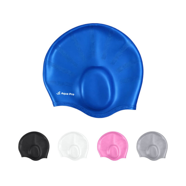 A blue swimming cap with earmuffs, accompanied by options in black, white, pink, and grey. The cap features a logo.