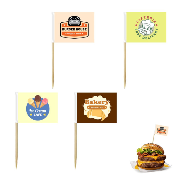 A pack of 100 paper flags featuring various designs in colours like yellow, orange, and brown, with branding elements.