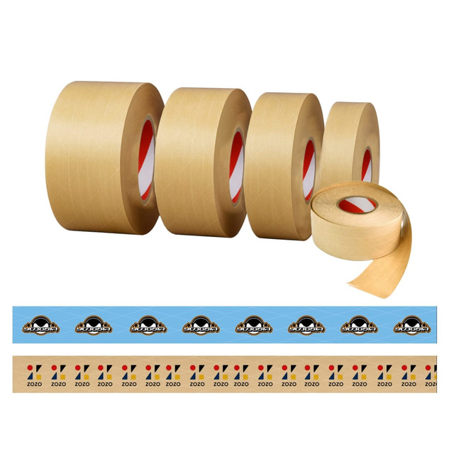 A selection of water activated reinforced kraft paper tape rolls in natural brown, featuring a logo on the edge of one roll.