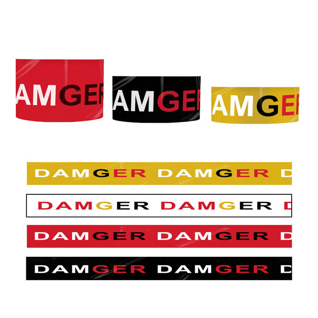 Full colour barrier tape displayed in red, black, and yellow, featuring various hazard warning designs.