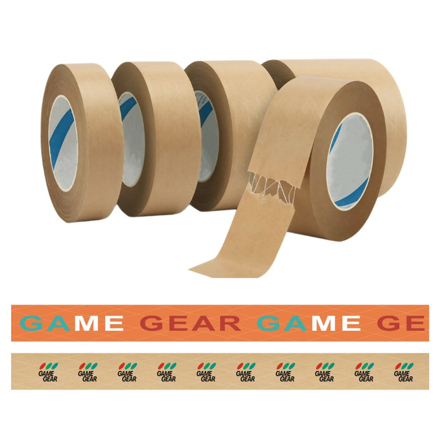 Self-adhesive reinforced kraft paper tape in brown, featuring a logo and a decorative printed design.