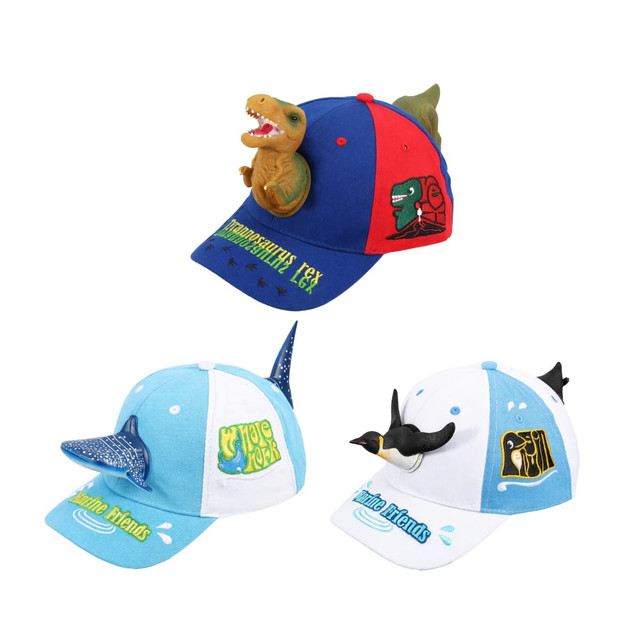 A collection of three colourful caps featuring 3D animal designs, including a dinosaur, fish, and bird. Each cap has a logo.