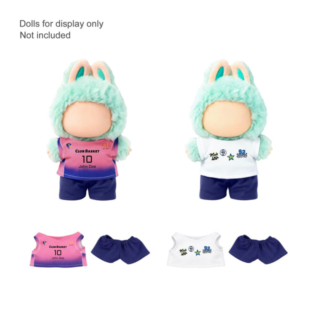 Plush doll outfit set featuring a green bunny hoodie and two jerseys in pink and white, with navy shorts.