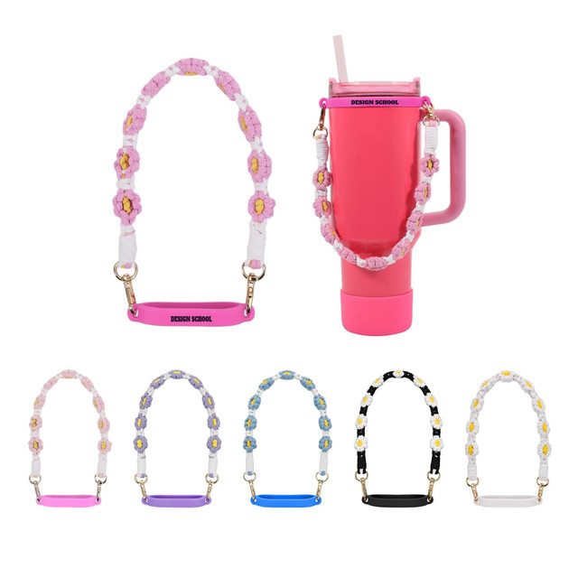 A drink bottle with a pink woven flower tumbler strap, displayed alongside various strap colours.