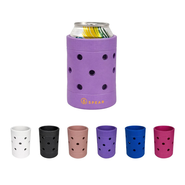 A drink bottle holder in purple with multiple holes, surrounded by holders in black, white, pink, and blue.
