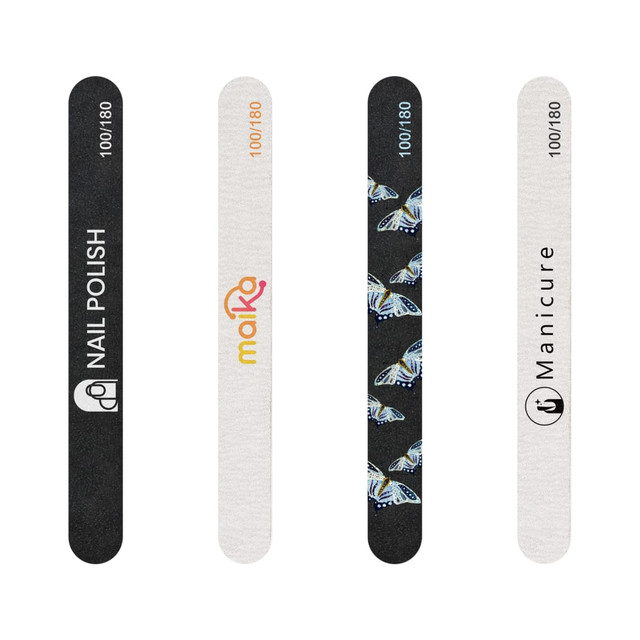 A set of four nail files in various designs, including a butterfly pattern, with black and white surfaces and branding.