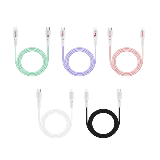A collection of five charging cables in mint green, lavender, soft pink, white, and black, featuring connectors at both ends.