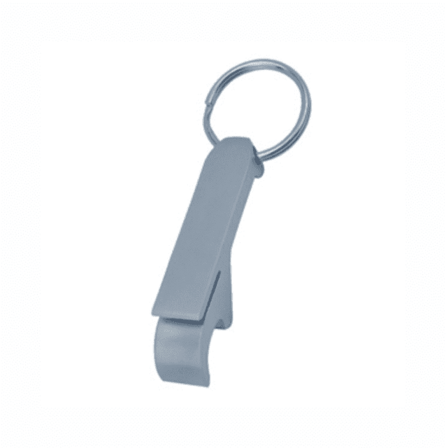 A bottle opener in silver with a keyring attachment, featuring a sleek, minimalist design.