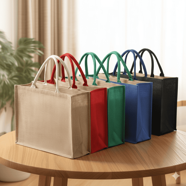 A set of five sturdy bags in beige, red, green, blue, and black, displayed on a wooden table. Each bag has handles.