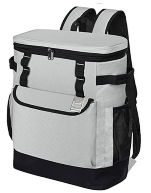 A grey and black cooler backpack features a zippered top, front pocket, and side mesh pocket, with adjustable shoulder straps.