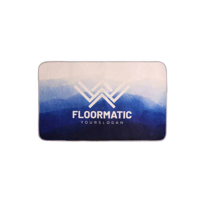 A flannel logo mat featuring a gradient of blue tones with a logo prominently displayed in the centre.