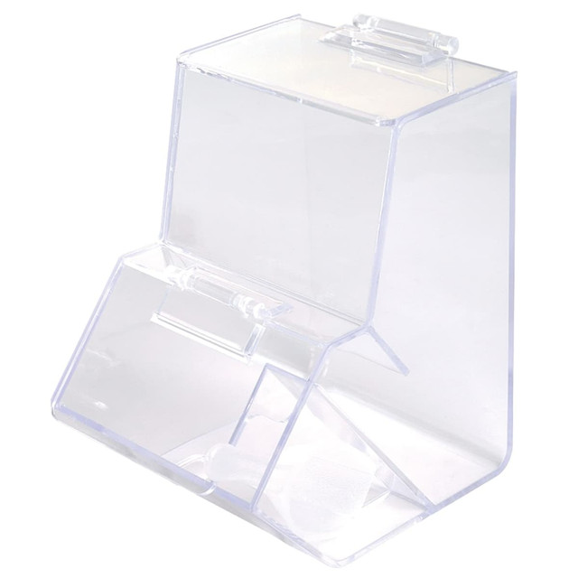 A clear acrylic dispenser features a scoop and a hinged lid, designed with a sleek, modern look.