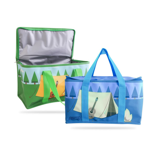 A cooler bag in green and blue, featuring designs of camping tents and trees, with two carry handles.