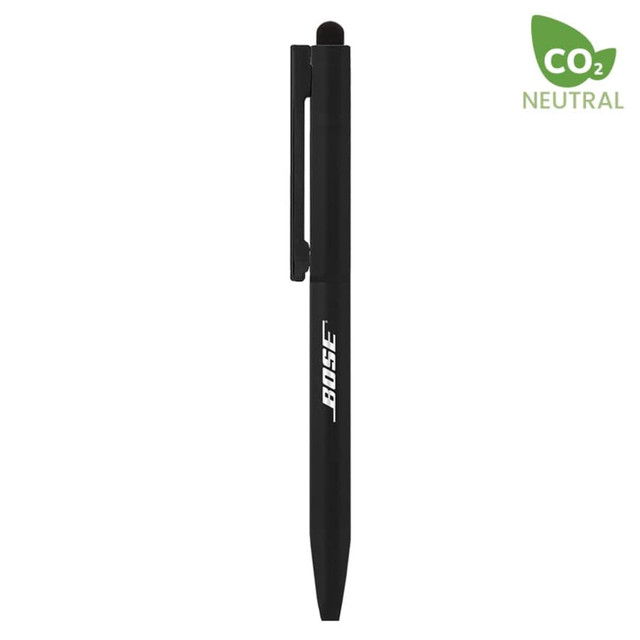 A black stylus pen with a clip and a logo, designed for writing and touch screen use.