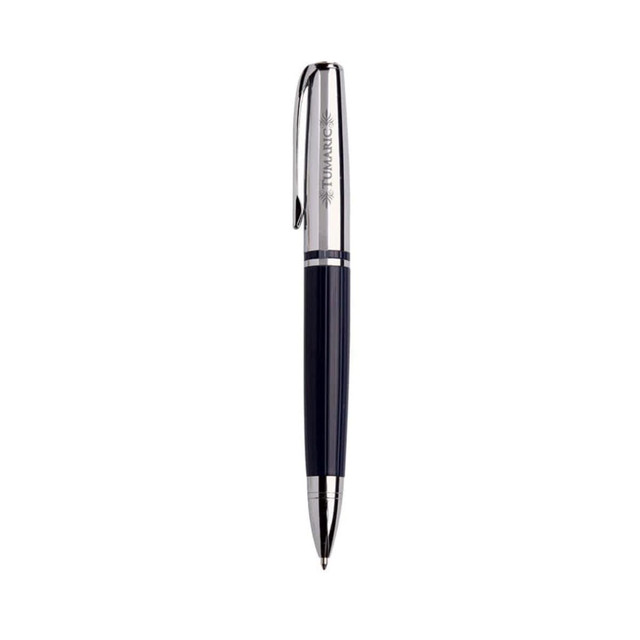 A sleek navy blue stylus pen with chrome accents and a branded logo on its surface.