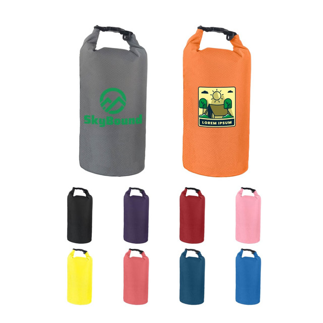 Two Oxford cloth dry bags in grey and orange, alongside bags in black, purple, red, pink, and yellow. Each has a logo.