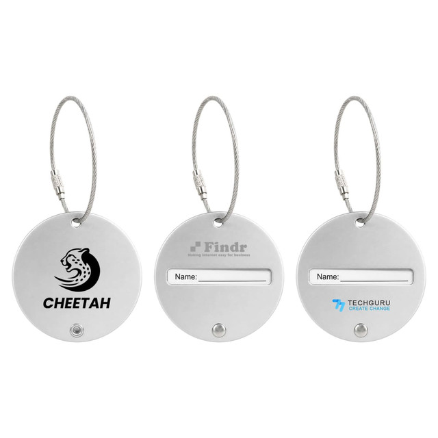 Three round wire cable luggage tags in silver, featuring different logos and a space for a name.