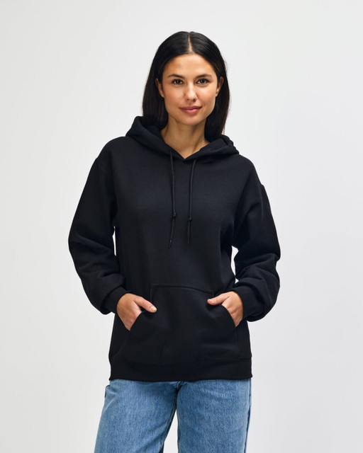 A dark grey Gildan Heavy Blend adult hooded sweatshirt displayed on a model with a neutral background.