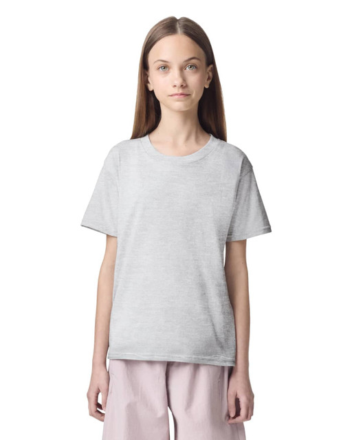 A grey youth t-shirt with a classic fit and short sleeves, featuring a small logo.