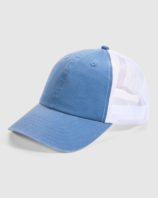 A blue and white trucker cap featuring a mesh back and a front panel made of fabric, with a logo present.