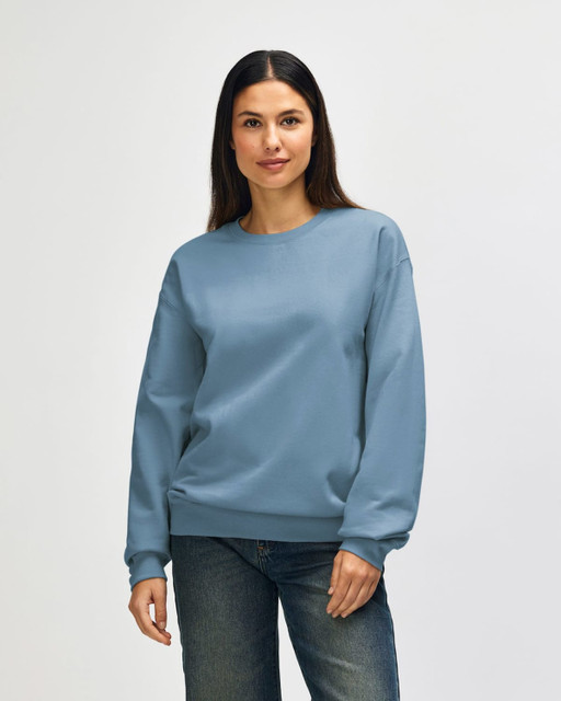 A light blue Gildan Softstyle adult sweatshirt worn by a woman, featuring a classic crew neck and long sleeves.