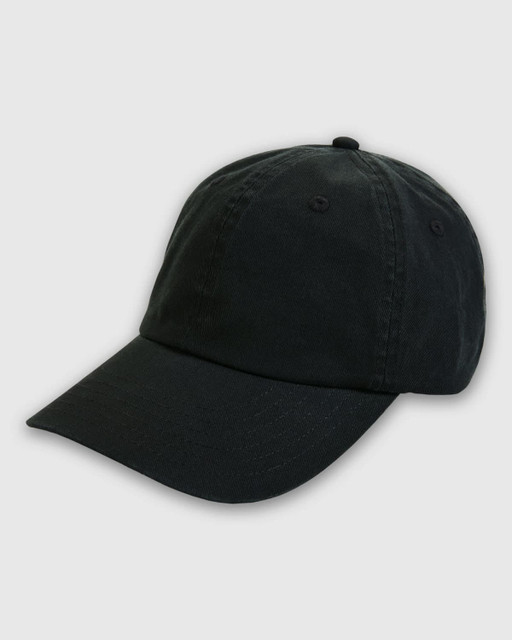 A black polo cap featuring a curved brim and a logo on the front. Suitable for casual wear.