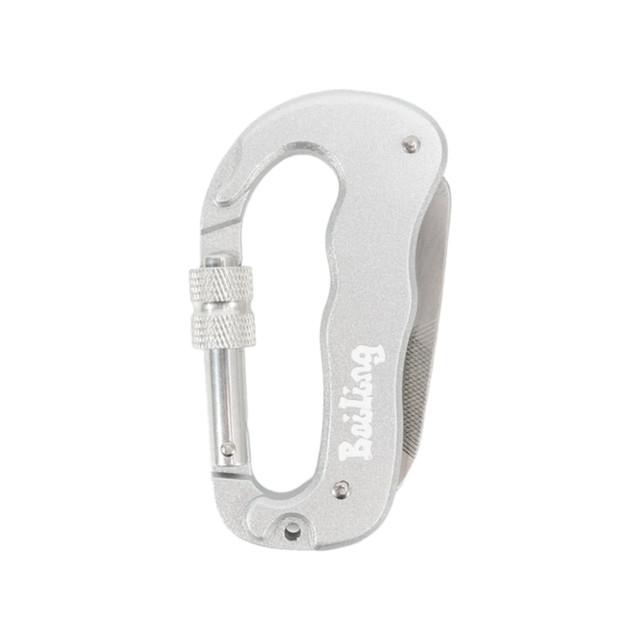A silver multifunctional carabiner with a textured grip and a locking mechanism, featuring a logo.