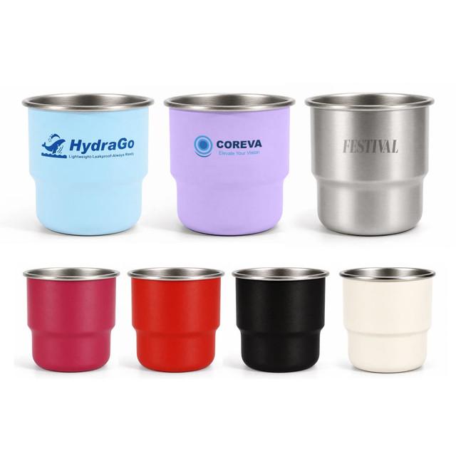 A drink bottle collection featuring stainless steel camping mugs in blue, purple, red, black, and white, with various logos.